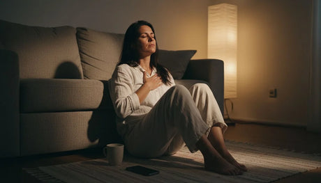 Mujer haciendo respiración lenta en la sala de su casa, una escena sobre cómo bajar el cortisol