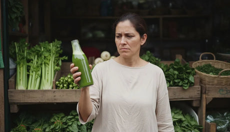Mujer mirando con escepticismo una botella de jugo verde: qué dice la evidencia sobre desintoxicar el cuerpo