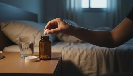 Glicinato de magnesio para qué sirve: mano tomando una tableta de un frasco de suplemento en la mesa de noche, junto a un vaso de agua, antes de dormir