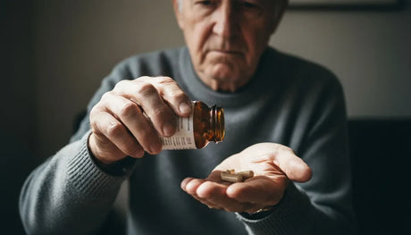 Vitaminas para el cerebro: hombre mayor vaciando cápsulas de un frasco de suplemento en la palma de su mano en casa