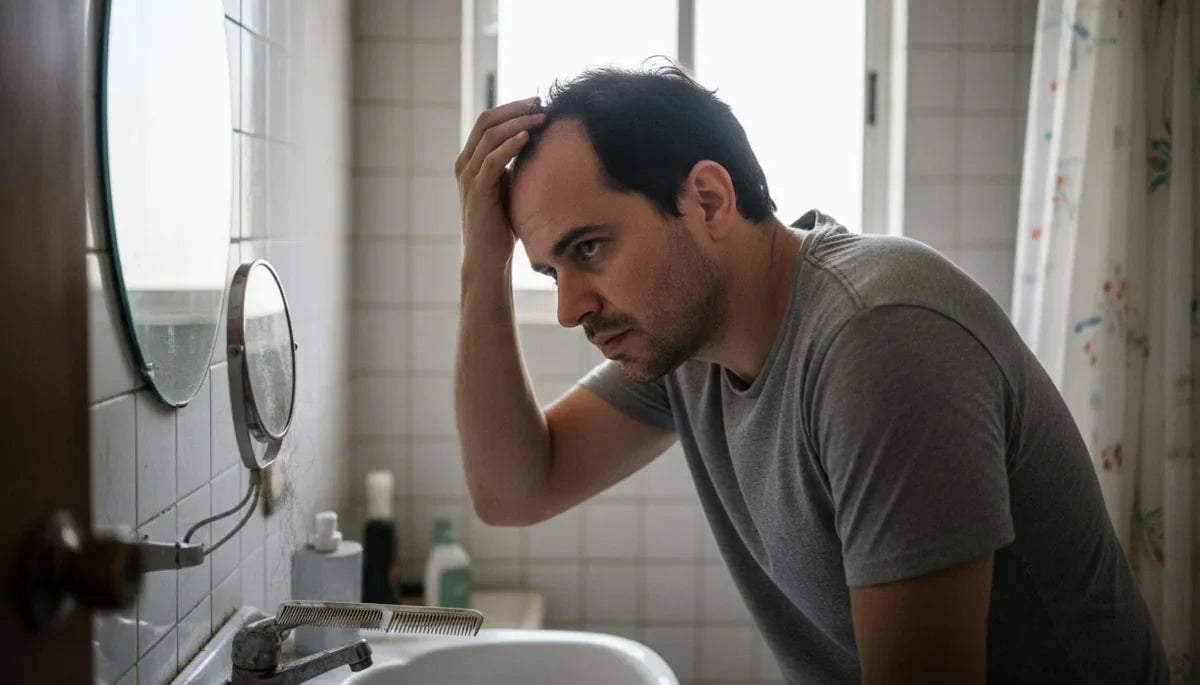 Hombre revisando la coronilla en el espejo del baño, alopecia androgénica y caída del cabello