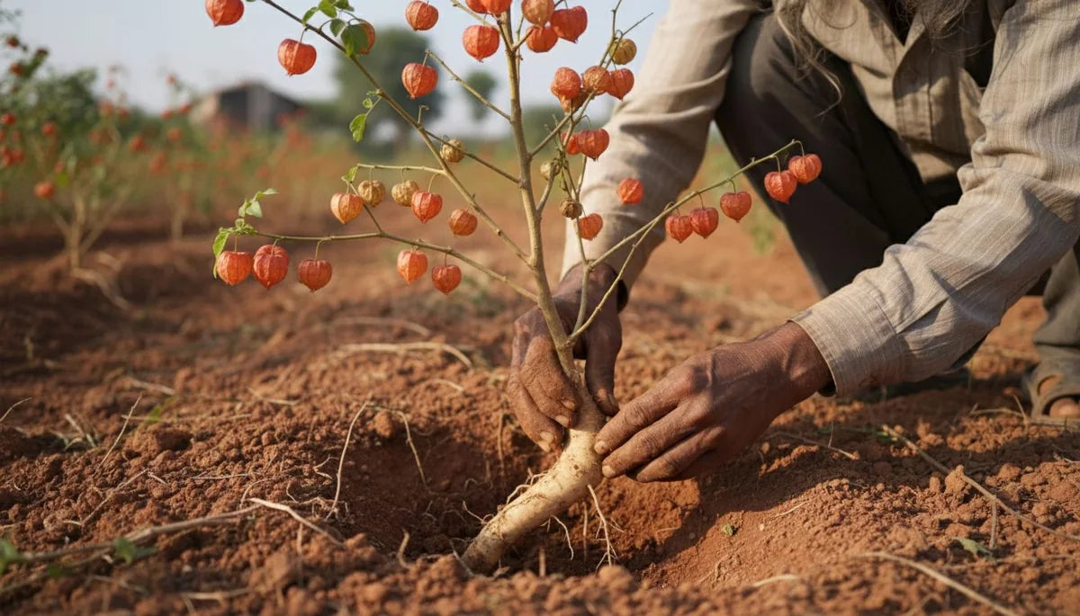 Agricultor sacando de la tierra la raíz de ashwagandha, para qué sirve la ashwagandha