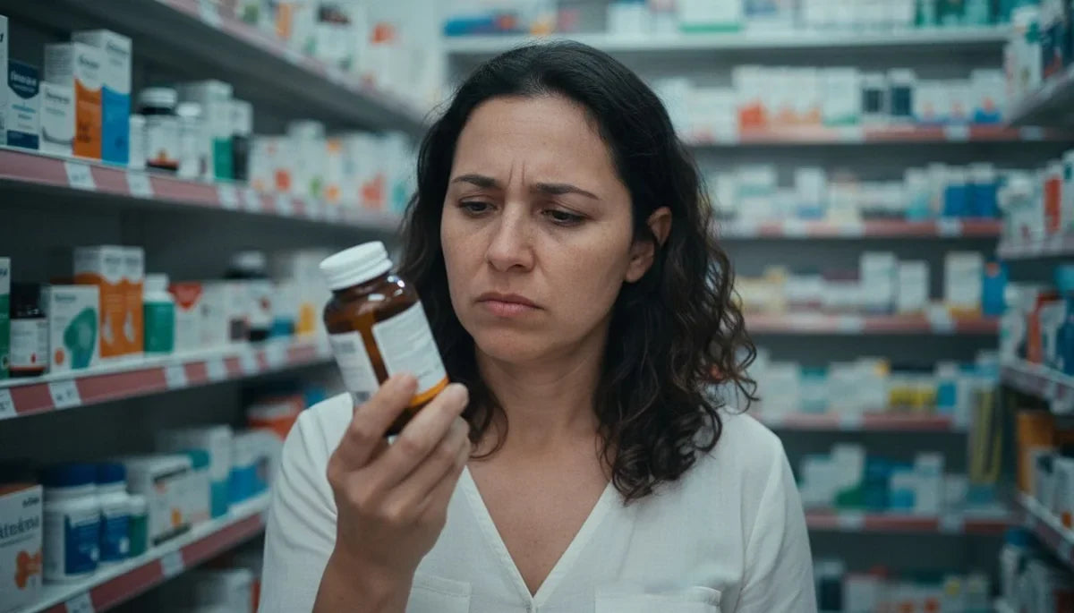 Mujer leyendo la etiqueta de un frasco de suplemento en la farmacia, biotina para qué sirve