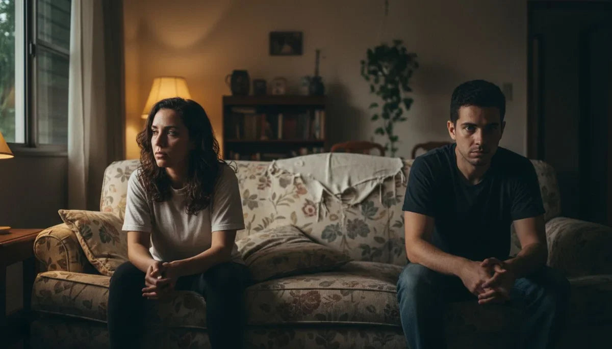 Pareja sentada en silencio en el sofá de noche, tensión de pareja por eyaculación precoz