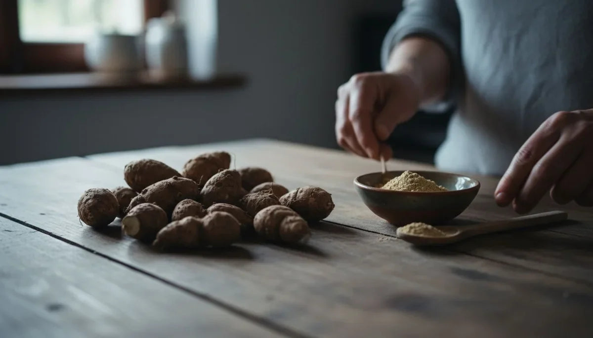 Raíces de maca peruana y bol con polvo de maca sobre mesa de madera