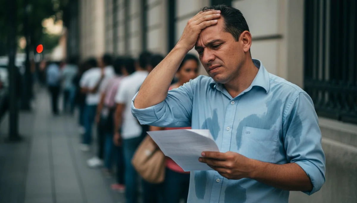 Hombre con la camisa marcada de sudor haciendo fila en la calle, por qué sudo tanto sin hacer nada