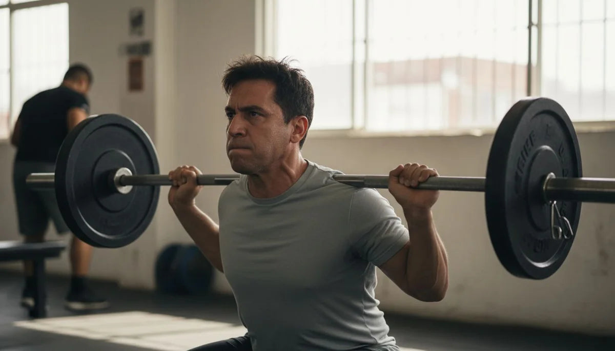 Hombre haciendo sentadillas con barra en un gimnasio de barrio, cómo aumentar la testosterona naturalmente