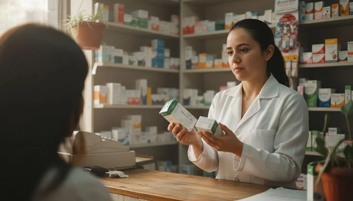 Farmacéutica comparando dos cajas en el mostrador de una droguería, tipos de magnesio y para qué sirve cada uno