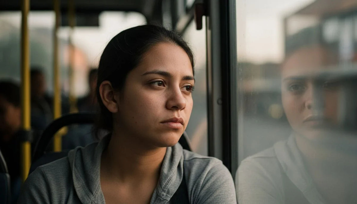 Mujer cansada mirando por la ventana de un bus al amanecer, vivir cansado todo el tiempo