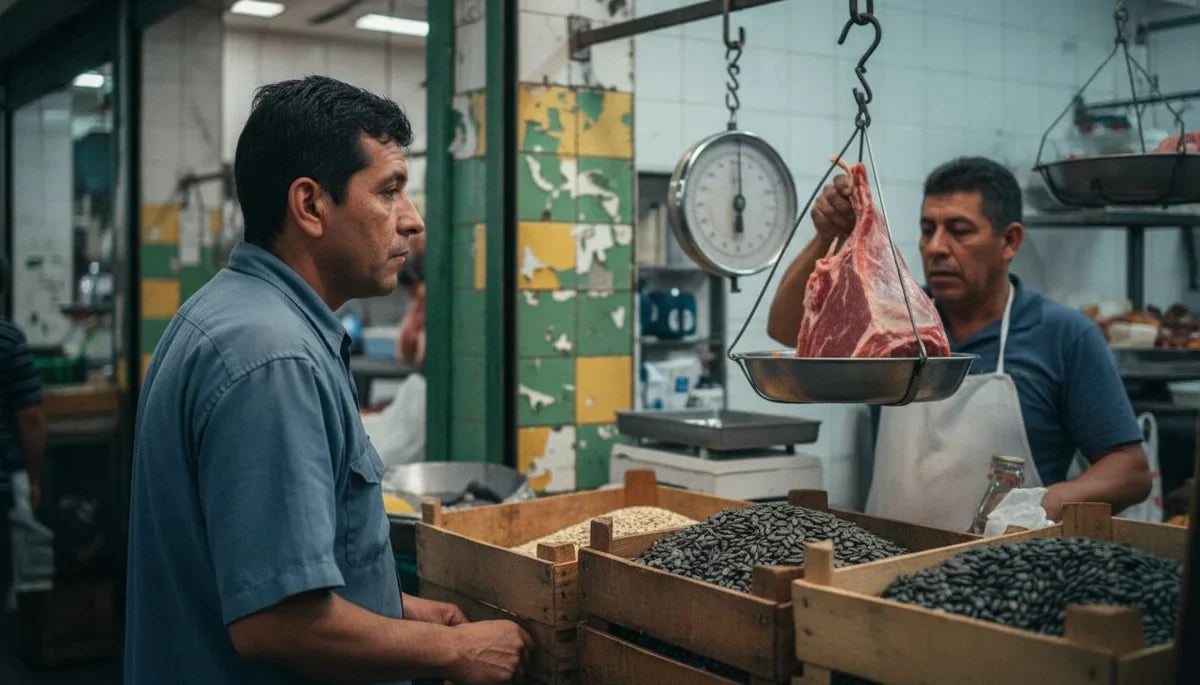 Hombre comprando carne roja en una carnicería de plaza de mercado, alimentos con zinc para los hombres
