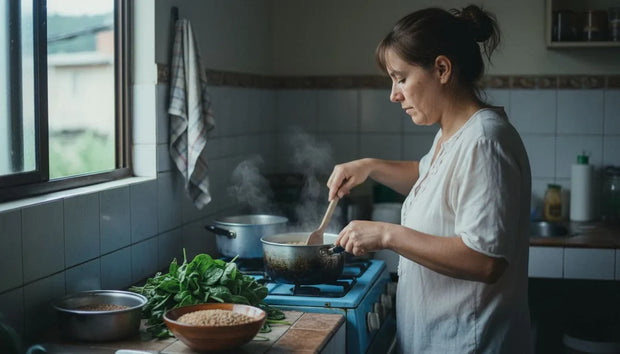 Mujer cocinando lentejas y espinaca en una cocina, alimentos con folato y para qué sirve el ácido fólico