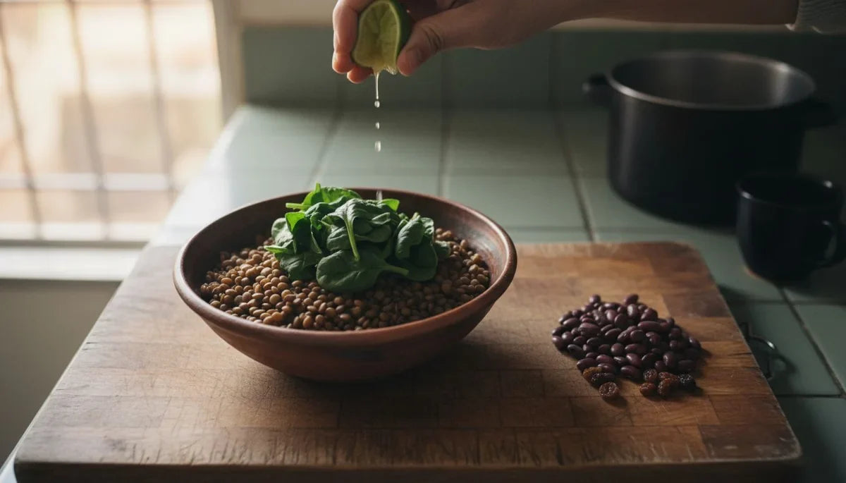 Alimentos ricos en hierro: plato de lentejas con espinaca al que le exprimen limón, junto a frijoles rojos y pasas sobre una tabla de madera
