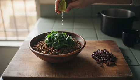 Alimentos ricos en hierro: plato de lentejas con espinaca al que le exprimen limón, junto a frijoles rojos y pasas sobre una tabla de madera