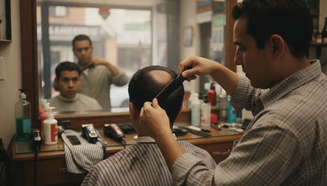 Alopecia areata: barbero descubriendo con el peine una placa redonda sin pelo en la nuca de un cliente