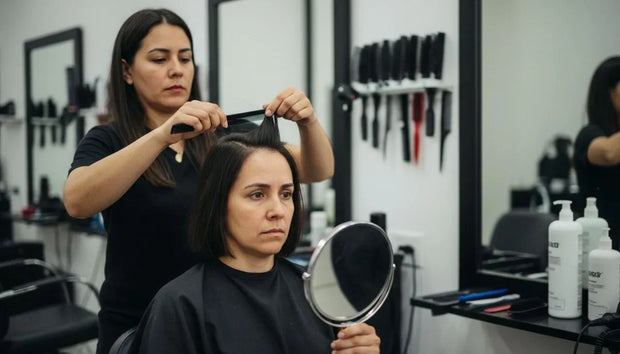 Estilista mostrando la raya del cabello abierta a una paciente en el salón, alopecia en mujeres