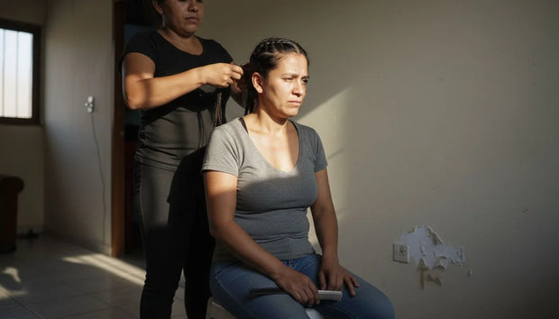 Alopecia por tracción: mujer con el cabello trenzado muy apretado en su casa