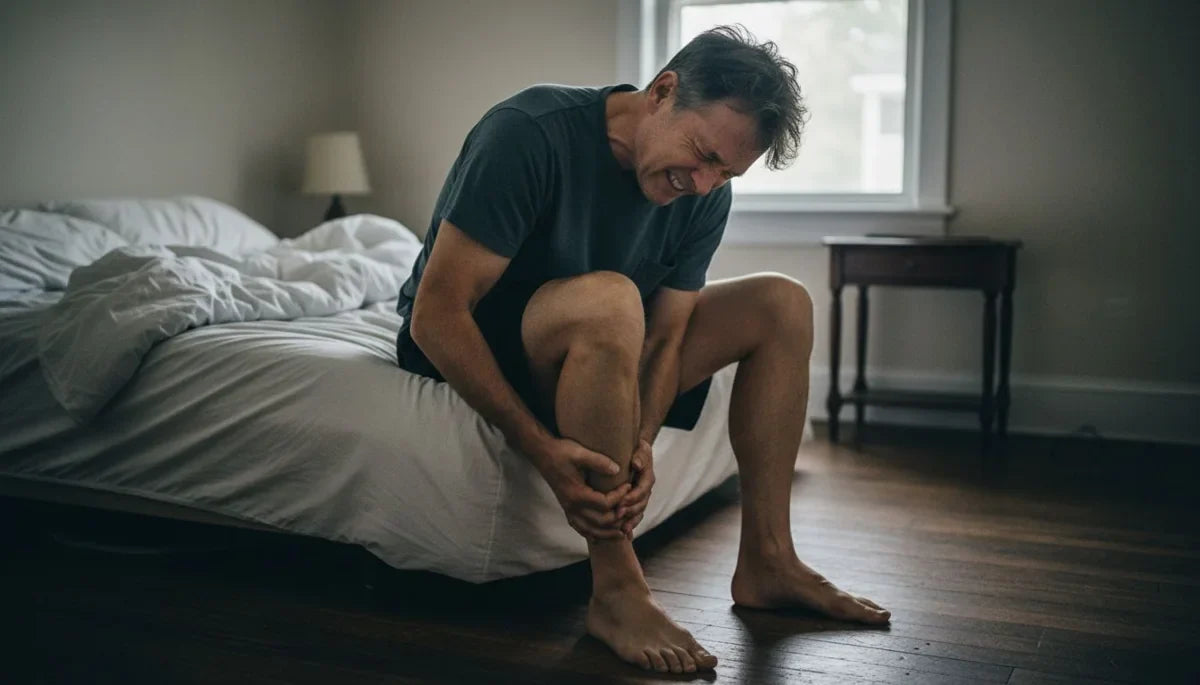 Calambres en las piernas: hombre sentado al borde de la cama sujetándose la pantorrilla derecha con las dos manos por un calambre nocturno