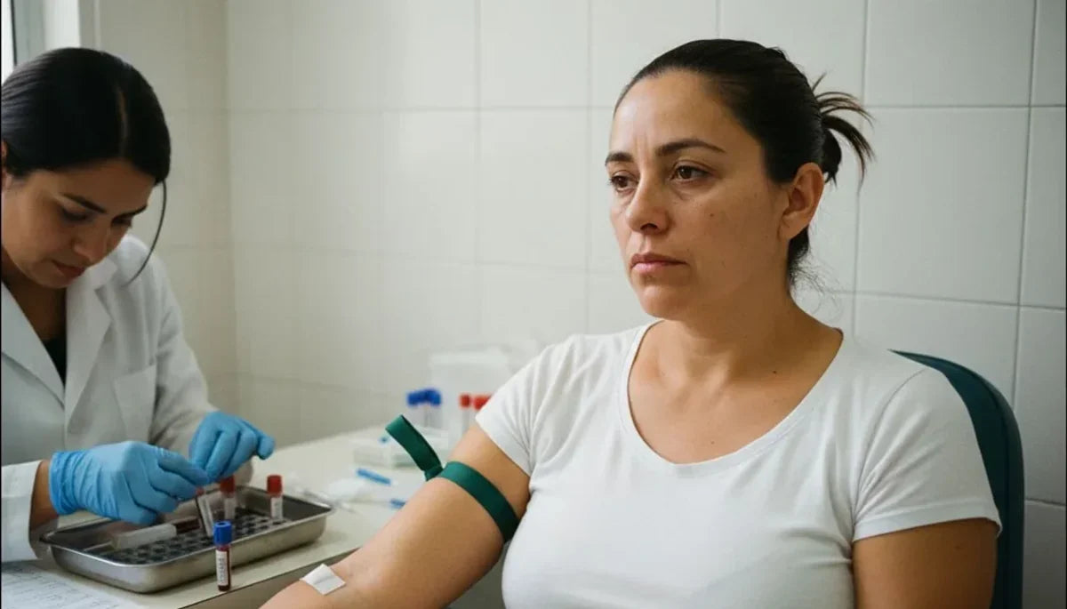 Mujer con cansancio extremo durante una toma de muestra de sangre en un laboratorio