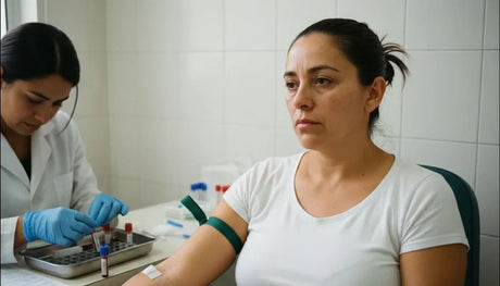 Mujer con cansancio extremo durante una toma de muestra de sangre en un laboratorio