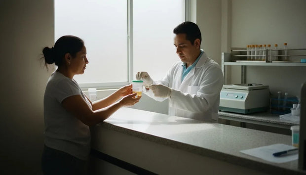 Remedios caseros para la cistitis: mujer entregando una muestra de orina en un laboratorio clínico