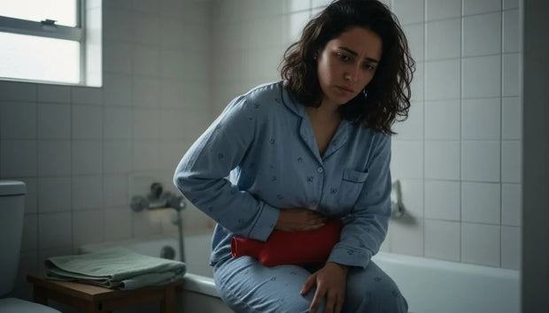 Coágulos de sangre en el período: mujer con dolor menstrual sentada en el baño de su casa