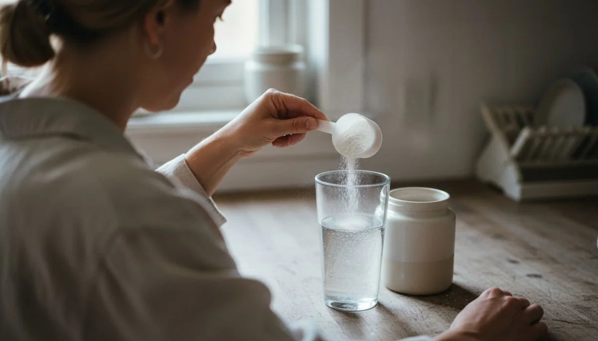 Mujer sirviendo una medida de colágeno hidrolizado en polvo en un vaso de agua