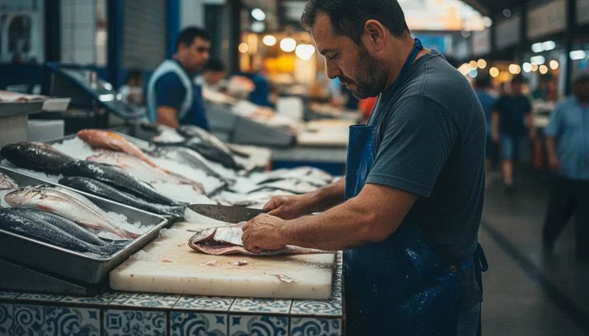 Colágeno marino hidrolizado: pescadero retirando la piel y las escamas de un pescado en el mostrador de una plaza de mercado