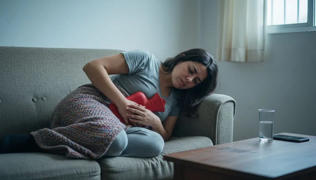Remedios caseros para los cólicos menstruales: mujer con una bolsa de agua caliente sobre el abdomen bajo, recostada en el sofá de su casa