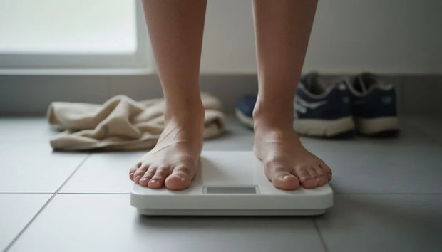 Cómo bajar de peso rápido: pies descalzos sobre una báscula de baño digital en el piso de baldosa