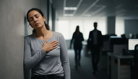 Cómo calmar la ansiedad: mujer apoyada en la pared de un pasillo de oficina, con la mano en el pecho, respirando despacio