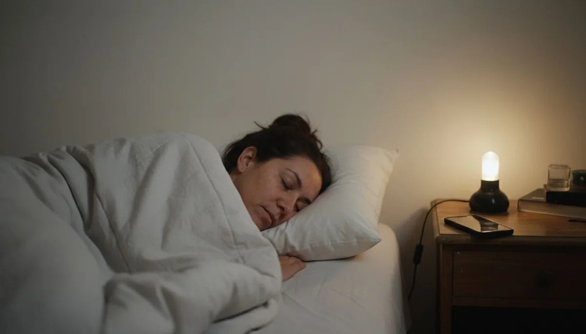 Cómo dormir rápido: mujer durmiéndose en la cama de noche con el teléfono boca abajo en la mesa de luz