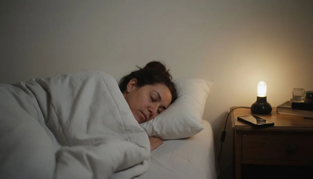 Cómo dormir rápido: mujer durmiéndose en la cama de noche con el teléfono boca abajo en la mesa de luz