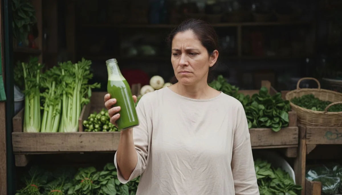 Mujer mirando con escepticismo una botella de jugo verde: qué dice la evidencia sobre desintoxicar el cuerpo