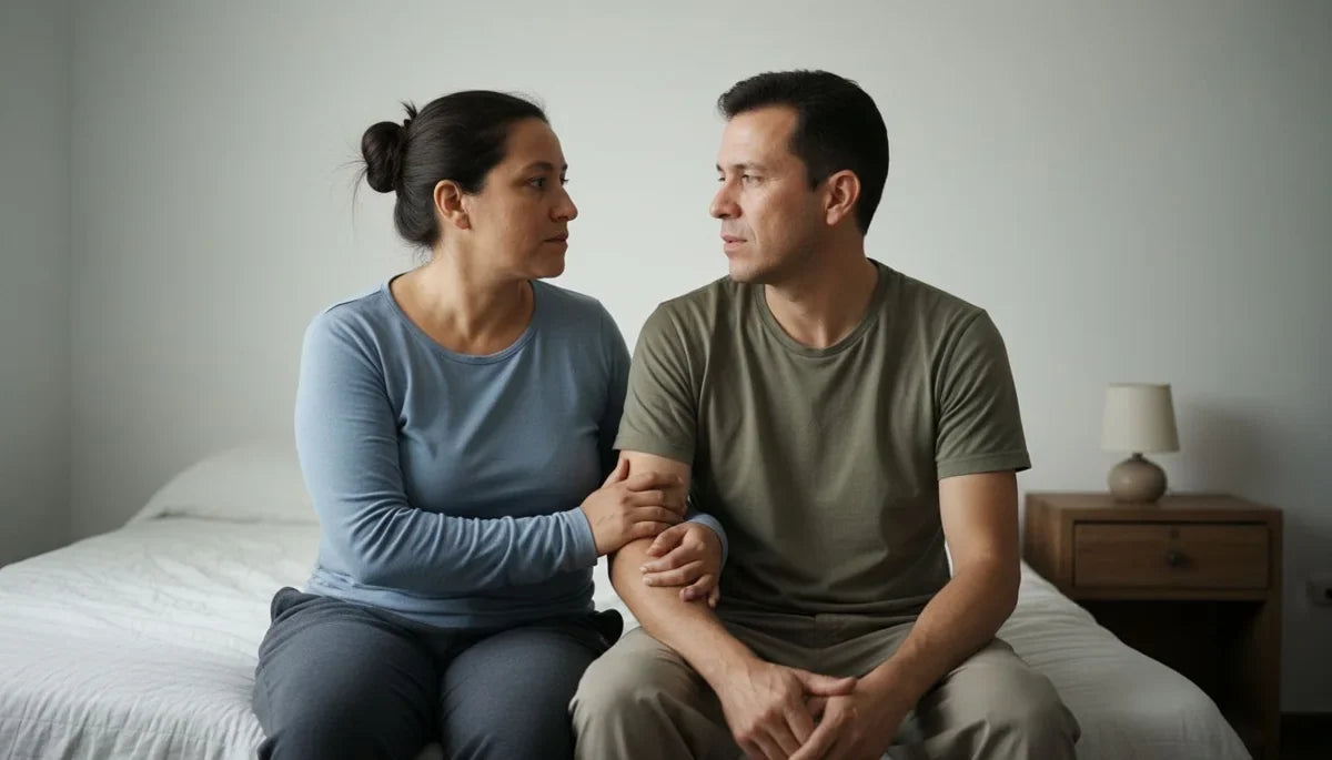 Pareja conversando sentada en la cama, cómo durar más en la cama sin pastillas