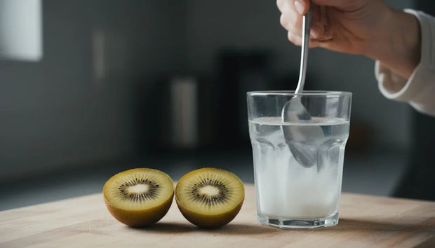 Dos kiwis dorados partidos y un vaso con fibra disuelta, entre los remedios caseros para el estreñimiento
