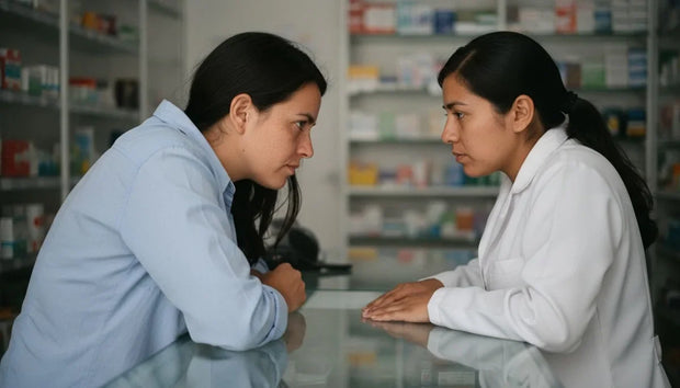 Flujo con olor a pescado: mujer consultando en voz baja con la farmacéutica