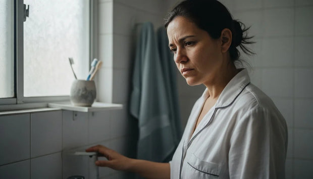 Mujer preocupada frente al lavamanos del baño, qué significa cada color del flujo vaginal