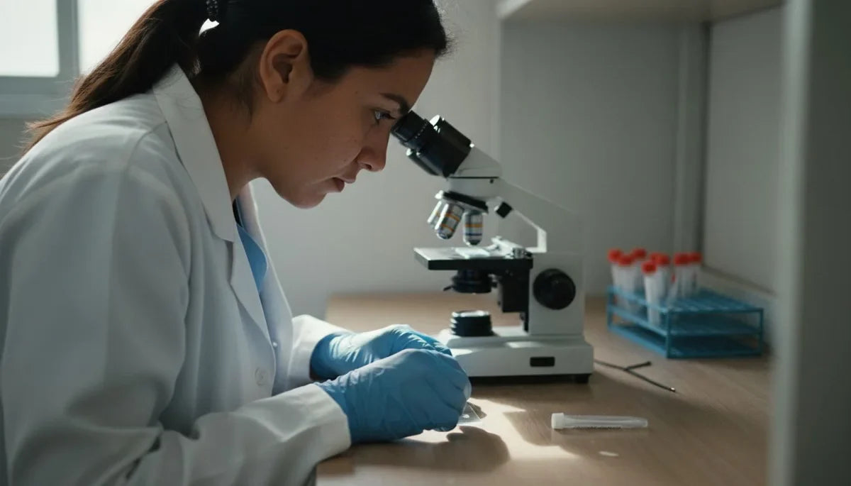 Flujo verde sin olor: bacterióloga observando al microscopio la muestra de flujo vaginal en un laboratorio clínico