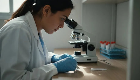Flujo verde sin olor: bacterióloga observando al microscopio la muestra de flujo vaginal en un laboratorio clínico