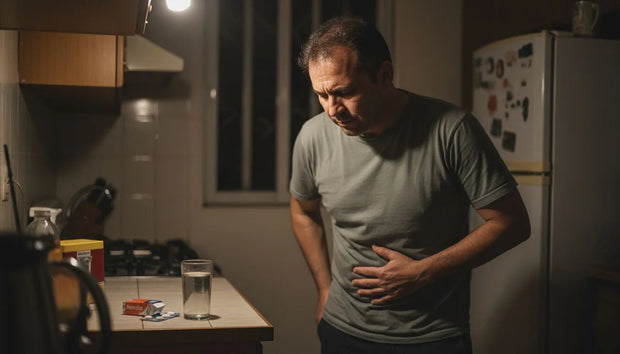 Remedios caseros para la gastritis: hombre de pie en la cocina de su casa de noche, con la mano apretada contra la boca del estómago
