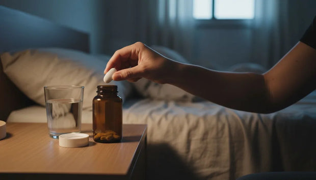 Glicinato de magnesio para qué sirve: mano tomando una tableta de un frasco de suplemento en la mesa de noche, junto a un vaso de agua, antes de dormir
