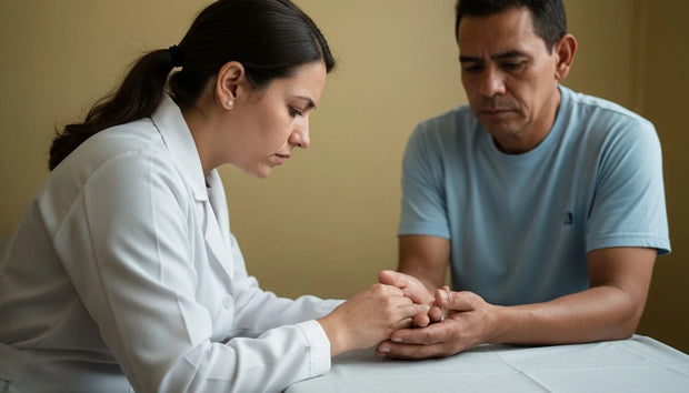 Dermatóloga examinando las palmas sudorosas de un paciente en consulta, hiperhidrosis
