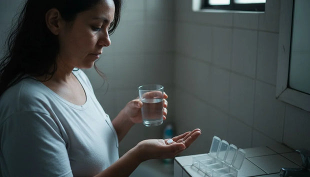 Hipotiroidismo: mujer tomando su pastilla diaria de levotiroxina en ayunas frente al lavamanos, con un pastillero semanal al lado