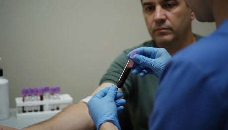 Índice HOMA: extracción de sangre en ayunas en un laboratorio, con el tubo de muestra en primer plano