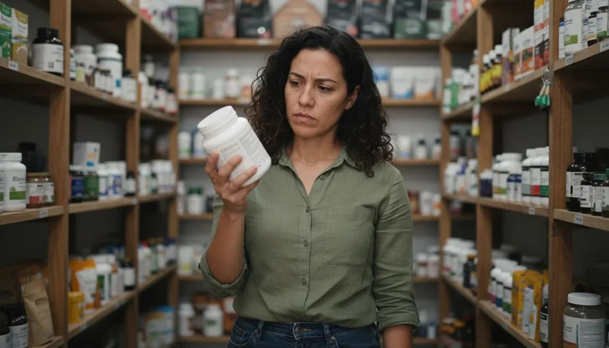 Inositol para qué sirve: mujer leyendo la etiqueta de un frasco de suplemento en el pasillo de una tienda naturista