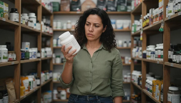 Inositol para qué sirve: mujer leyendo la etiqueta de un frasco de suplemento en el pasillo de una tienda naturista