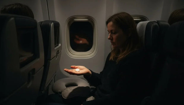 Pastilla de melatonina en la mano de una pasajera durante un vuelo de noche