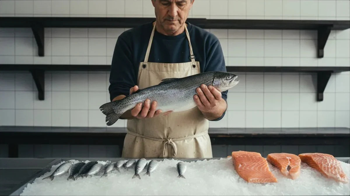 Pescadero sosteniendo una trucha fresca sobre el mostrador de hielo, fuente alimentaria de omega 3