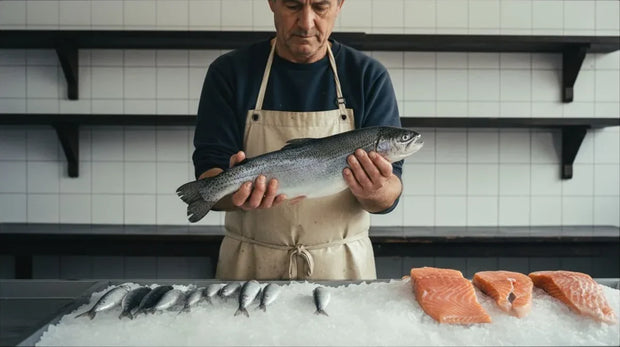 Pescadero sosteniendo una trucha fresca sobre el mostrador de hielo, fuente alimentaria de omega 3