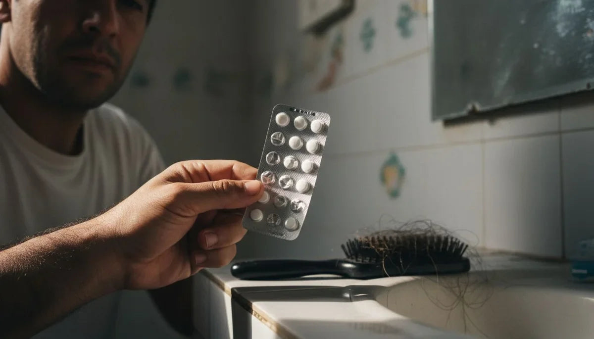 Pastillas para la caída del cabello: hombre sosteniendo un blíster de tabletas junto al cepillo con pelo caído